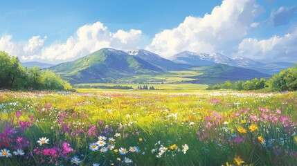 Sticker - Vibrant wildflowers bloom in a lush meadow, mountains in the background under a sunny sky.