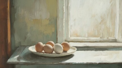 Poster - Rustic Kitchen Still Life with Fresh Eggs on a Plate by Window Natural Light
