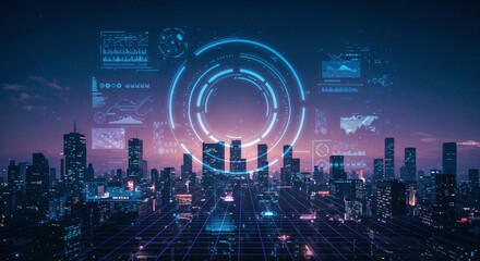 Poster -  holographic interface with city background. Generative AI