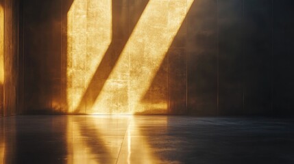 Poster - Golden light beams casting dramatic shadows in a minimalist modern interior space with reflective flooring and textured walls