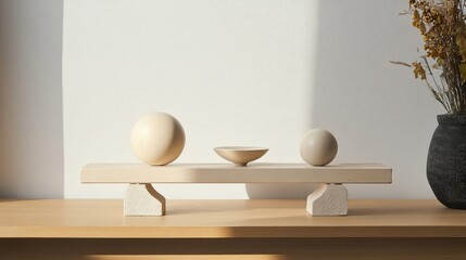 Aufkleber - minimalist balance scale with decorative objects in natural light and subtle colors