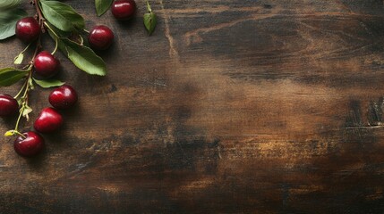 Poster - Freshly picked cherries on rustic wooden table with leaves and ample copy space for text or design purposes.