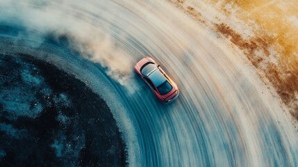 Poster - Racing drone footage capturing a car taking a corner at high speed, with the track and landscape rushing past in the background