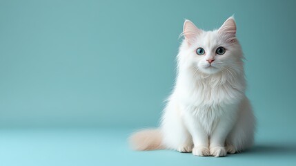 Wall Mural - Adorable white kitten with blue eyes sitting on a teal background.