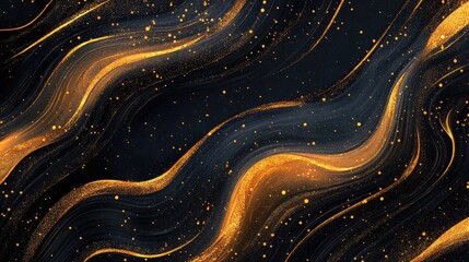 Poster - Elegant golden abstract waves pattern on a dark background perfect for use as a stylish wallpaper or screen saver with ample text space.