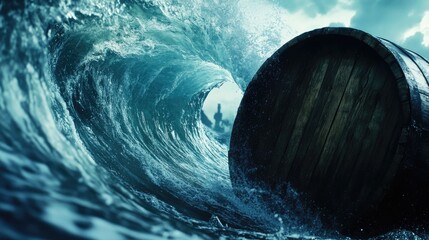 Poster - Powerful ocean wave crashing with wooden barrel in the foreground highlighting dynamic sea and dramatic coastal elements.