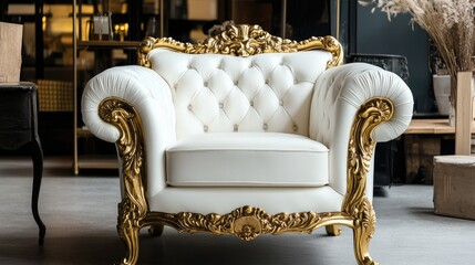 Elegant vintage white and gold Victorian rococo chair situated in stylish showroom designed for luxurious and comfortable living spaces