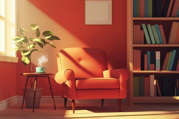 Wall Mural - Cozy Reading Nook with Orange Chair and Warm Morning Light