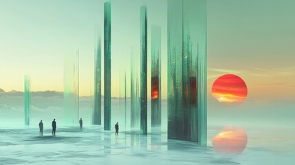 Poster - an artistic representation of a d bar chart with a futuristic design, displaying multiple data sets 