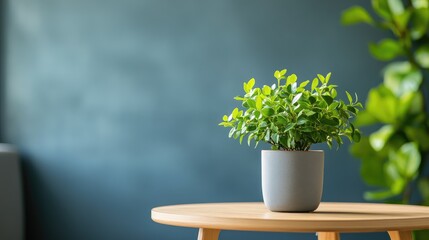 Wall Mural - Contemporary interior design showcasing a potted green plant on a wooden table against a stylish backdrop.