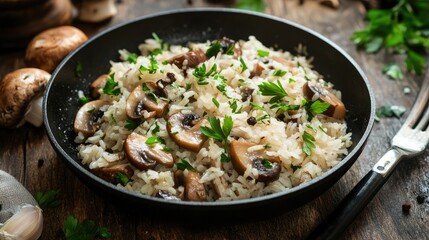 Wall Mural - Mushroom and Herb Rice Served in a Black Frying Pan on a Rustic Wooden Surface with Fresh Parsley and Mushrooms