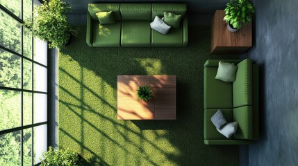 Wall Mural - Stylish Living Room Interior Design with Green Carpet and Sofa Natural Light and Plants Top View Composition