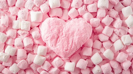 Canvas Print - Marshmallow heart surrounded by mini marshmallows on a pink backdrop symbolizing love and sweetness in a romantic concept