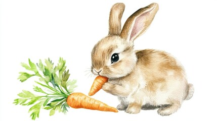 A cute rabbit munching on a fresh carrot, showcasing its fluffy fur and playful nature in a delightful illustration.