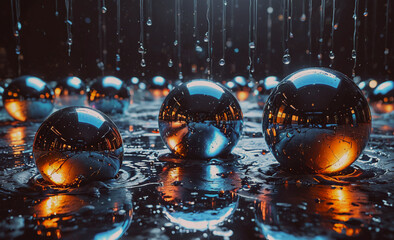 Poster - Three shiny balls are reflected in the water. The balls are in a row. The water is wet