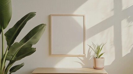 Wall Mural - Minimalist interior design mockup featuring an empty frame, palm leaves, and soft sunlight creating a serene atmosphere in a living room