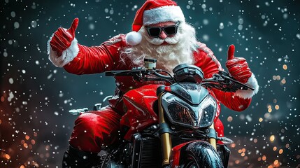 Abstract crazy Santa Claus on supersport racing motorcycle in red and white leathers, thumbs up with C