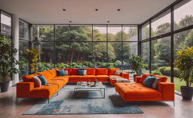 Poster - Living room with a large orange couch and a glass coffee table. There are several potted plants in the room, including one on the left side and another on the right side