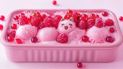 Poster - Pink ice cream delight with raspberries and red currants in a vibrant baking tray presentation