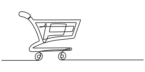 Poster - Shopping Cart Continuous Line Icon, Shopping cart continuous one art line drawing. Online shopping in store. Trolley shopping cart business concept. Single line hand drawn style. Vector outline pro.