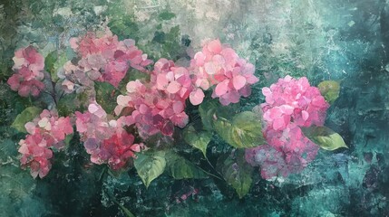 Wall Mural - Pink hydrangeas surrounded by lush green foliage in an artistic textured background ideal for floral decor or garden themes