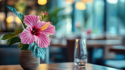 Wall Mural - Vibrant pink hibiscus flower in a cozy indoor setting with soft bokeh background and elegant vase on a wooden table