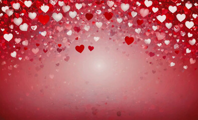 Poster - Red background with many hearts scattered across it. The hearts are of different sizes and colors. Some are red, while others are white