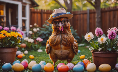 Poster - Chicken wearing a hat and glasses stands in front of a bunch of Easter eggs. The eggs are scattered around the chicken, with some closer to the front and others further back