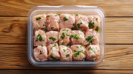 Wall Mural - Freshly prepped chicken cubes garnished with herbs in transparent container on rustic wooden table