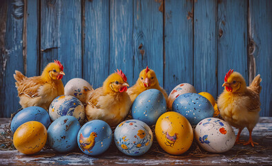 Aufkleber - Group of four chicks are standing in front of a pile of eggs. The eggs are of different sizes and colors, with some being blue and others yellow