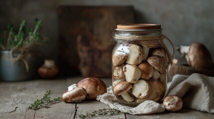 Wall Mural - Mushrooms and assorted vegetables preserved in a glass jar with rustic decor and natural lighting on a wooden tabletop