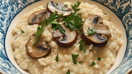 Wall Mural - Creamy Mushroom Risotto Topped with Fresh Herbs and Sliced Mushrooms in Elegant Blue White Bowl