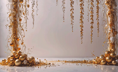 Poster - Beautiful gold and white background with a gold and white tree made of gold and white balls. The tree is positioned in the center of the scene, and it is a decorative element