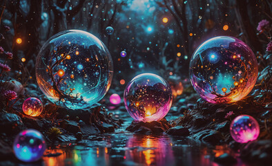 Poster - Three colorful glass spheres are floating in a river. The spheres are illuminated by a light source. The spheres are of different sizes and colors
