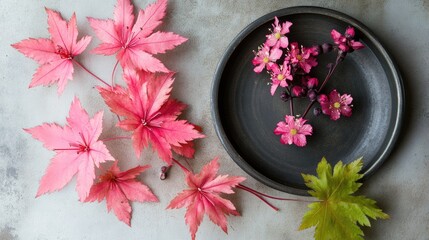 Wall Mural - Delicate pink maple leaves and blossoms arranged elegantly on a dark plate against a textured background showcasing natural beauty.