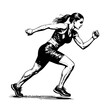 © ascrea - woman running sketch engraving black and white outline. Scratch board imitation.