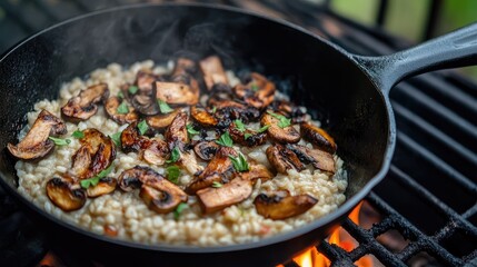 Poster - Mushroom Risotto Cooking in Cast Iron Pan on Grill with Smoky Flavor and Fresh Herbs