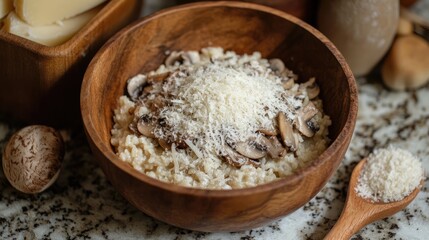 Wall Mural - Delicious Mushroom Risotto Topped with Parmesan Cheese Served in a Rustic Wooden Bowl on a Marble Countertop