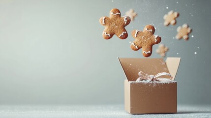 Wall Mural - Open gift box with gingerbread cookies flying out on a gray background festive baking flat lay for Christmas celebration and holiday treats