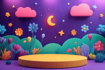 Canvas Print - a colorful, whimsical scene of a stage with a large yellow circle in the center