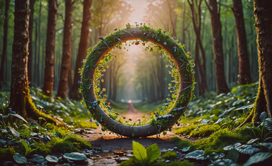 Poster - Large green circle with plants growing out of it. The circle is surrounded by trees. The circle is in the middle of a forest