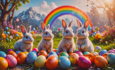 Poster - Four white rabbits are sitting on a field of Easter eggs. The eggs are in various colors, including yellow, orange, and pink