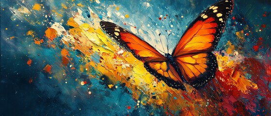 Poster - Abstract art of a butterfly with colorful wings, paint splashes and dynamic strokes, fluid and expressive composition, vivid colors on canvas