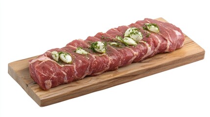 Fresh raw beef and pork fillets garnished with garlic and herbs on a wooden cutting board against a white background