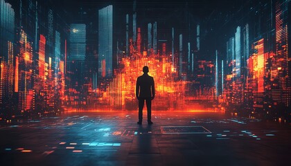 Fototapete - Businessman in front of glowing digital marketing graph