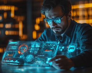 Poster - Businessman in futuristic office using advanced tablet to plan innovative project, holographic displays, modern design, hightech visualizations, futuristic workspace ambiance
