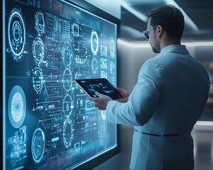 Poster - Businessman in futuristic office using advanced tablet to plan innovative project, holographic displays, modern design, hightech visualizations, futuristic workspace ambiance