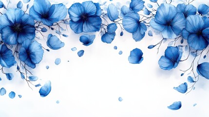 Wall Mural - Blue floral border with falling petals on white background.