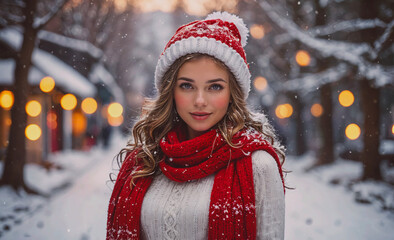 Poster - Woman wearing a red scarf and a red hat. She is smiling. The background has lights