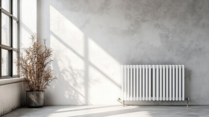 Wall Mural - Radiator with open valve against a minimalist interior wall and natural light highlighting a decorative plant in a pot